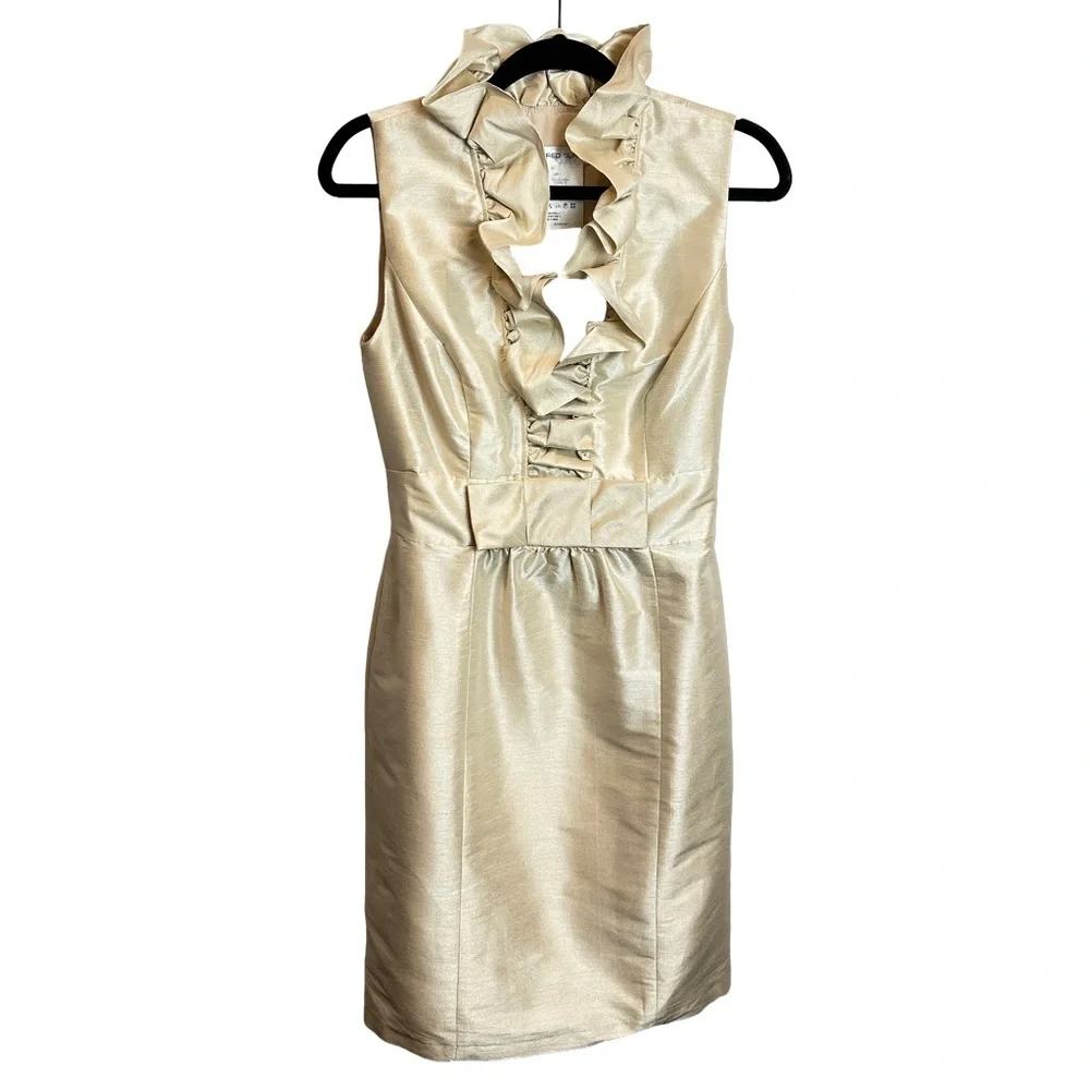 ALFRED‎ SUNG Champagne Ruffled Cocktail Dress w Bow Detail